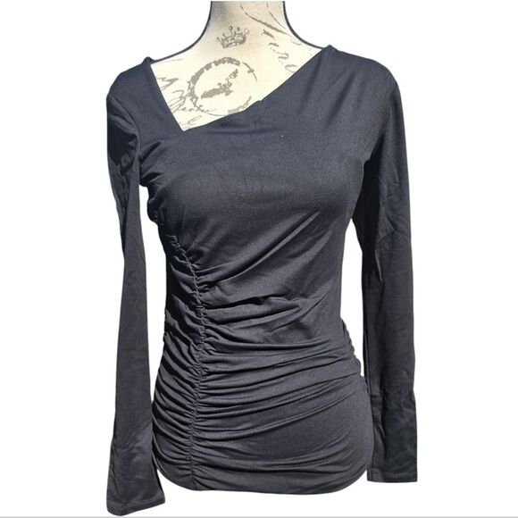 Susana Monaco -1704 NWT Side Angle Assymetric‎ Neck Top Black Long Sleeve Large - Picture 1 of 11
